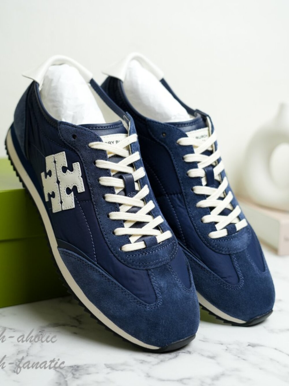 Tory Burch T-Logo Nylon Suede Vintage Sneaker 2.0 in Tory Navy / Blanc NIB